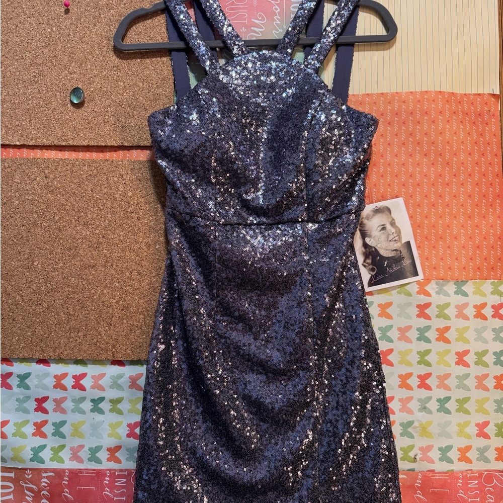 NWT Gorgeous Strappy Mini Dress in Bluish Silver Sequins Sparkle Size Medium - Picture 1 of 10